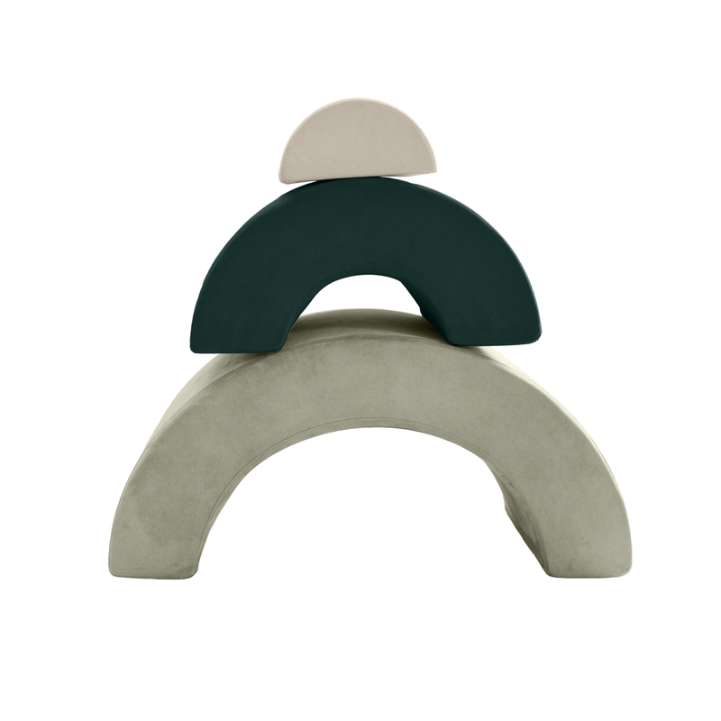 Possum Play Rainbow Set in Greens (Sage, Forest, Babycino) - three nested arch cushions stored together