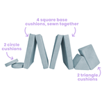 Possum Play Couch individual foam pieces laid out in Iceberg Light Blue — 8 cushion modular play couch set