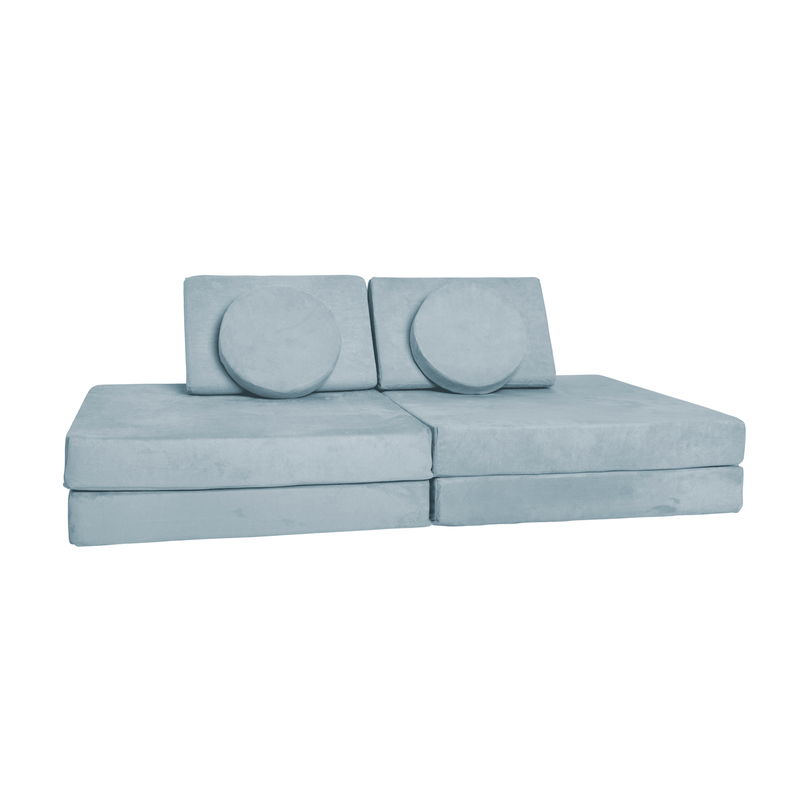 Possum Play Couch with Regular Bases in Iceberg Light Blue configured in couch mode — modular kids foam play sofa