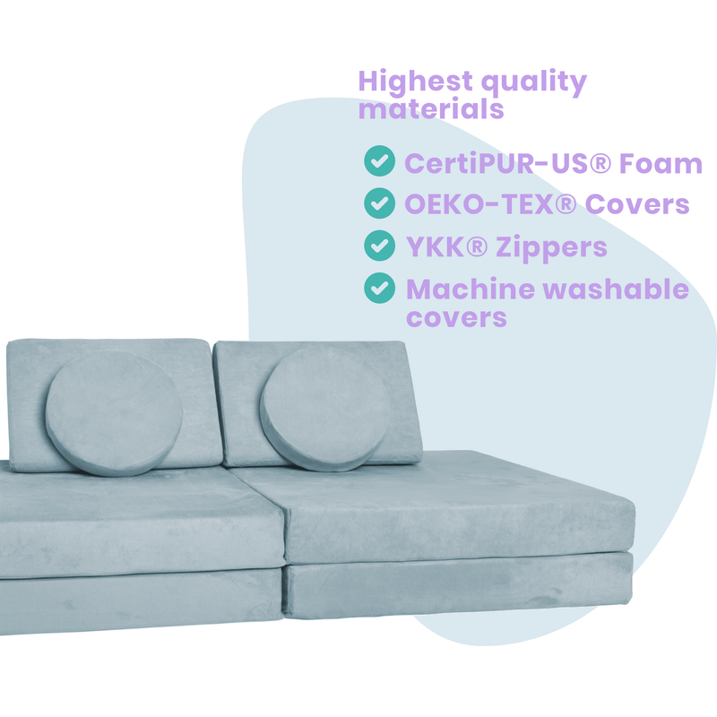 Close-up detail of Possum Play Couch in Iceberg Light Blue showing high quality materials used in production: OEKO-TEX certified fabric, YKK zippers, machine washable covers