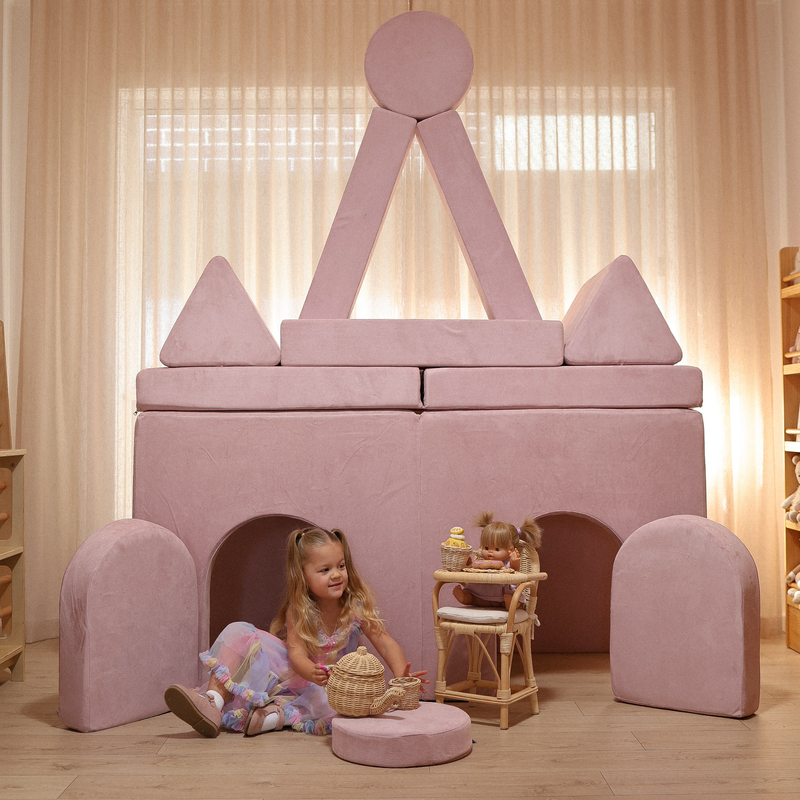 Possum Play Tunnels & Shields in Lilac — toddler in a fairy dress having a tea party with her doll