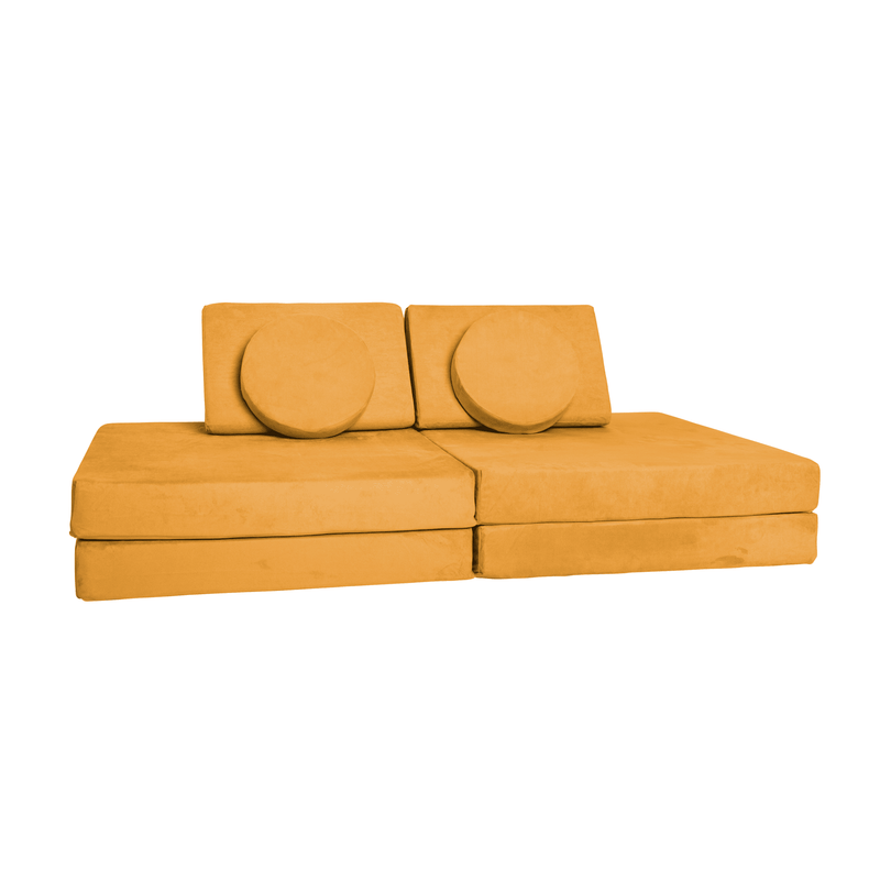 Possum Play Couch with Regular Bases in Sunshine Yellow configured in couch mode — modular kids foam play sofa
