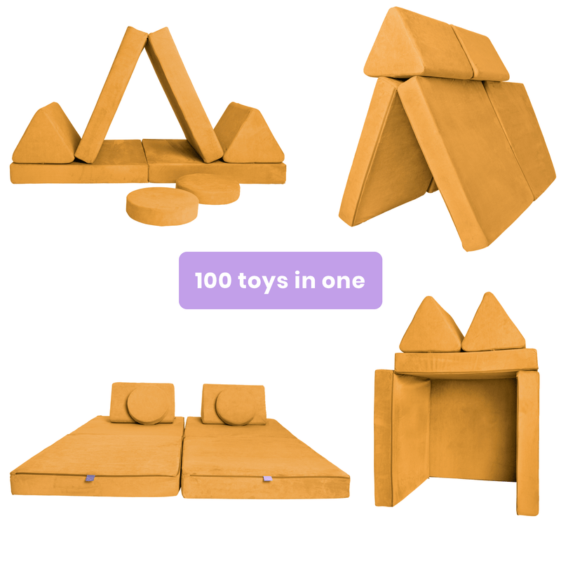 Multiple build configurations of the Possum Play Couch in Sunshine Yellow — cubby, tunnels, spare bed - for soft play at home