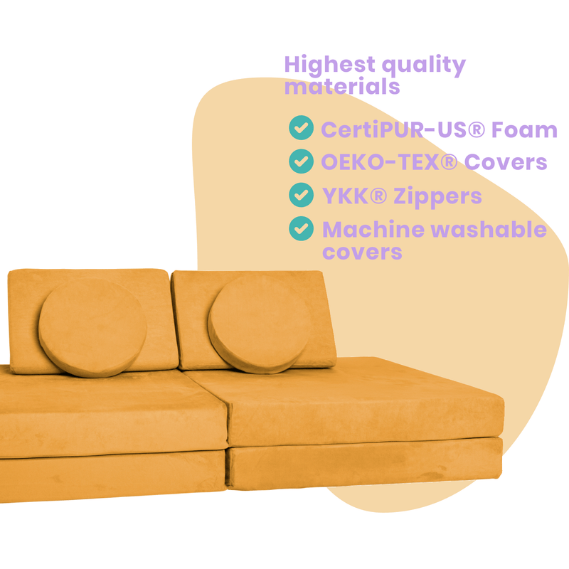 Close-up detail of Possum Play Couch in Sunshine Yellow showing high quality materials used in production: OEKO-TEX certified fabric, YKK zippers, machine washable covers
